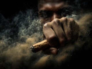 Dramatic studio shot of a man holding a cigar, showcasing masculinity and luxury
