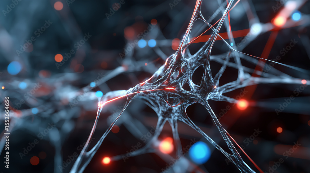 Poster an abstract digital representation of a complex neural network with glowing red and blue connections
