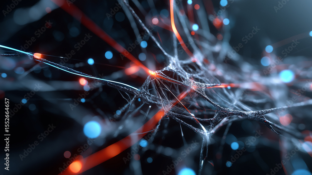 Poster an abstract digital representation of a complex neural network with glowing red and blue connections