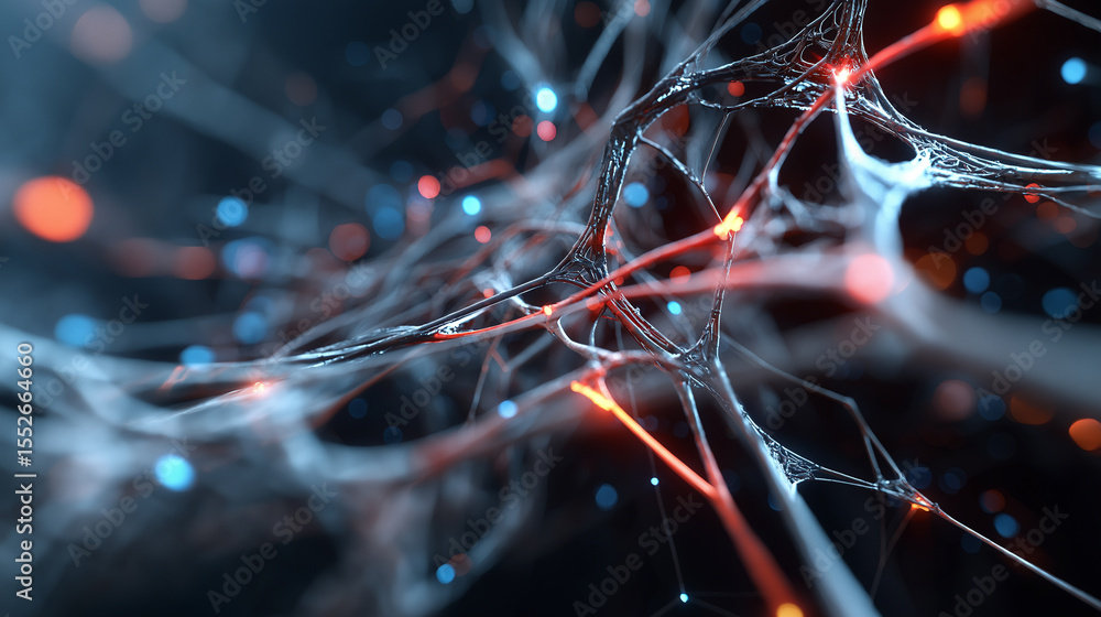 Poster an abstract digital representation of a complex neural network with glowing red and blue connections
