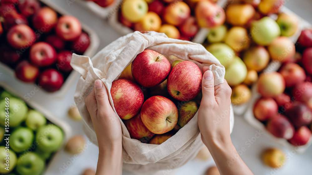 Poster hands hold a reusable cloth bag filled with fresh red apples, surrounded by other apples in various 