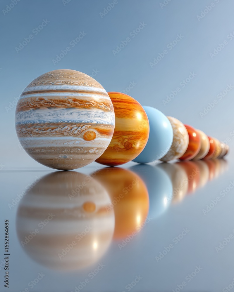 Poster Solar System Planet Alignment with Detailed Surfaces in Reflective Space Backdrop for Business Presentations on Teamwork and Collective Focus