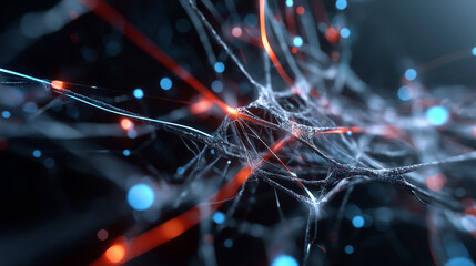 An abstract digital representation of a complex neural network with glowing red and blue connections, symbolizing artificial intelligence, data, and neuroscience.
