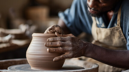 A skilled potter with dark skin meticulously shapes a clay pot on a pottery wheel, emphasizing craftsmanship, creativity, and traditional art.