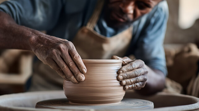 A skilled potter with dark skin meticulously shapes a clay pot on a pottery wheel, emphasizing craftsmanship, creativity, and traditional art.
