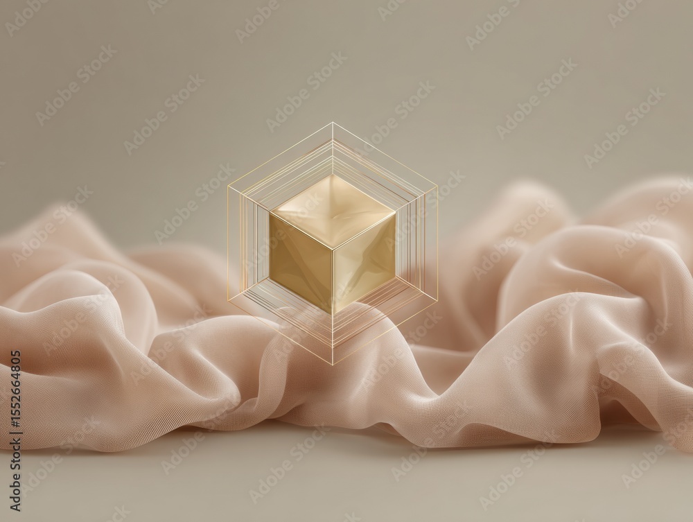Poster Modern NFT Marketplace Icon with Geometric Gold Cube and Digital Lines on Soft Fabric Surface for Fintech Branding and Secure Blockchain Assets