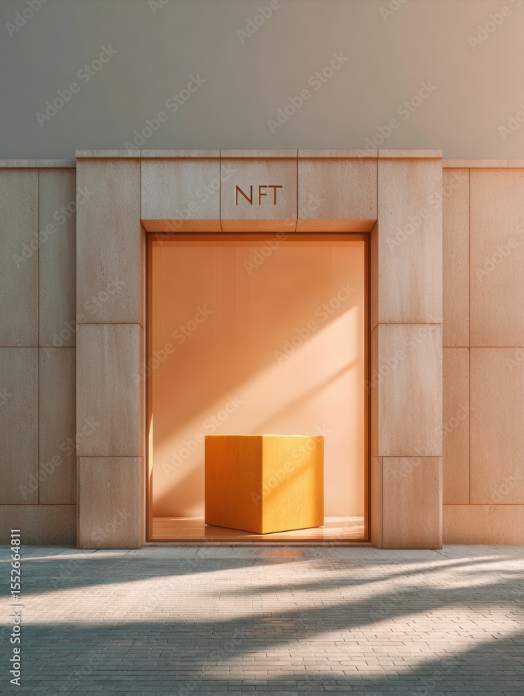 Poster Modern NFT Marketplace Storefront with Minimalist Concrete Design and Illuminated Digital Art Display for Cutting-Edge Digital Commerce