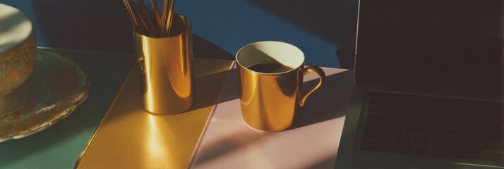 Modern NFT Marketplace Display on Laptop with Gold Accents in Home Office for Digital Commerce and Investment - Tech Trend and Business Innovation Focus