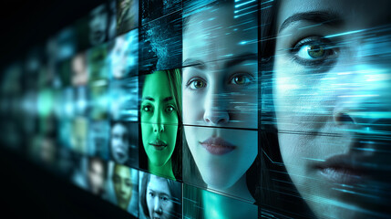 A grid of diverse human faces with digital overlays symbolizes facial recognition technology, artificial intelligence, and biometric data analysis.
