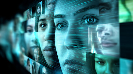 A grid of diverse human faces with digital overlays symbolizes facial recognition technology, artificial intelligence, and biometric data analysis.
