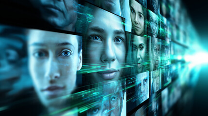 A grid of diverse human faces with digital overlays symbolizes facial recognition technology, artificial intelligence, and biometric data analysis.
