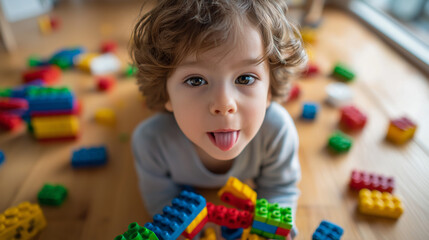 A cheerful young child with curly hair lies on a wooden floor, playing with colorful building blocks and looking directly at the camera with a playful expression.
