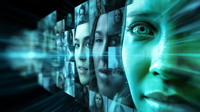 A grid of diverse human faces with digital overlays symbolizes facial recognition technology, artificial intelligence, and biometric data analysis.
