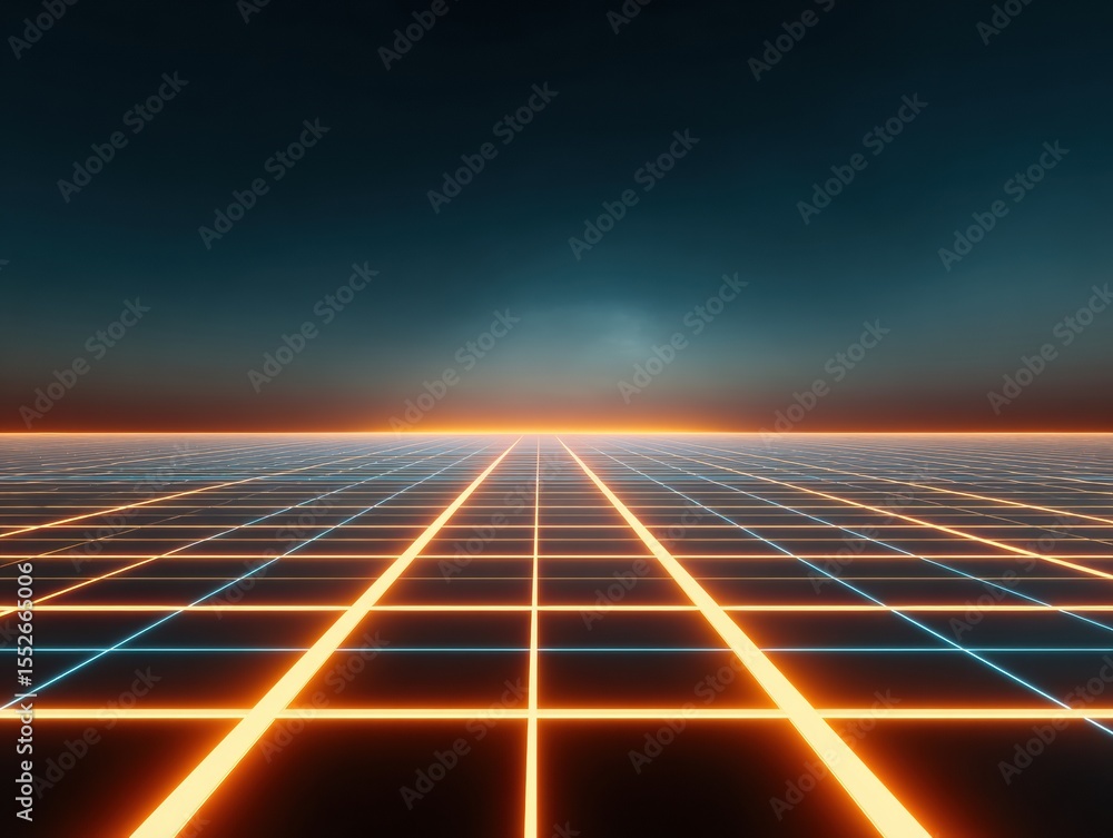 Poster metaverse digital landscape with retro neon grid and glowing horizon, abstract cyberspace background