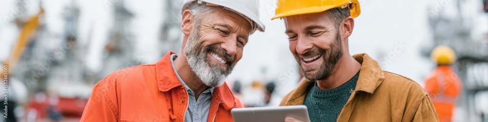 Poster Construction team in safety gear collaborating over digital tablet on industrial site showing project management and teamwork with modern tech and precision