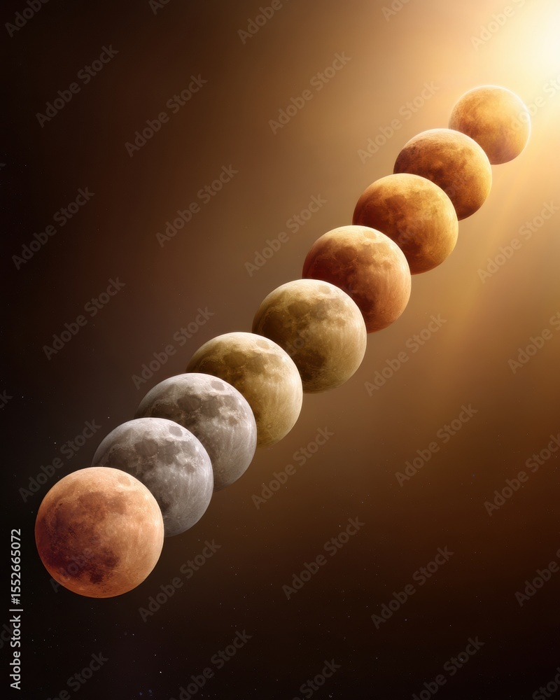 Poster Lunar Eclipse Cycle Sequence with Detailed Moon Phases on Warm Celestial Background for Educational and Scientific Visualization in Modern Space Learning