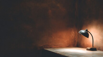 Cozy interior with vintage table lamp casting warm soft glow and shadows, textured wall, deep blue gradient, elegant minimalist modern design, ideal for presentation, dashboard, and marketing template