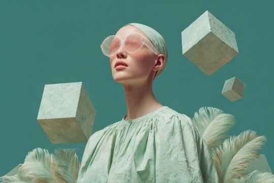 Futuristic Young Woman with Wireframe Glasses in Minimalist Green Setting Surrounded by Floating Geometric Cubes and Feathers Modern Digital Style Portrait
