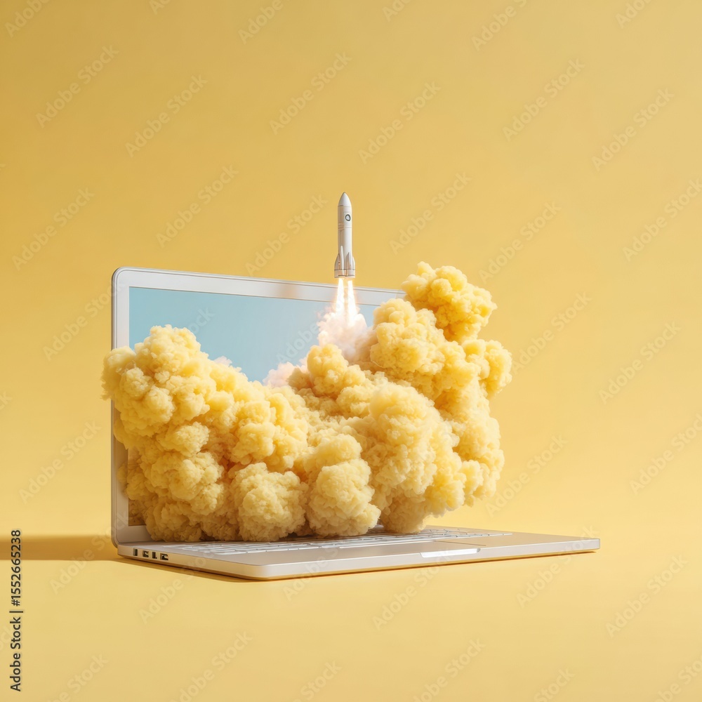 Aufkleber Rocket Launch Emerging from Laptop Screen with Dynamic Smoke and Digital Interface - Symbolizing Tech Startup Growth and Innovative Business Acceleration