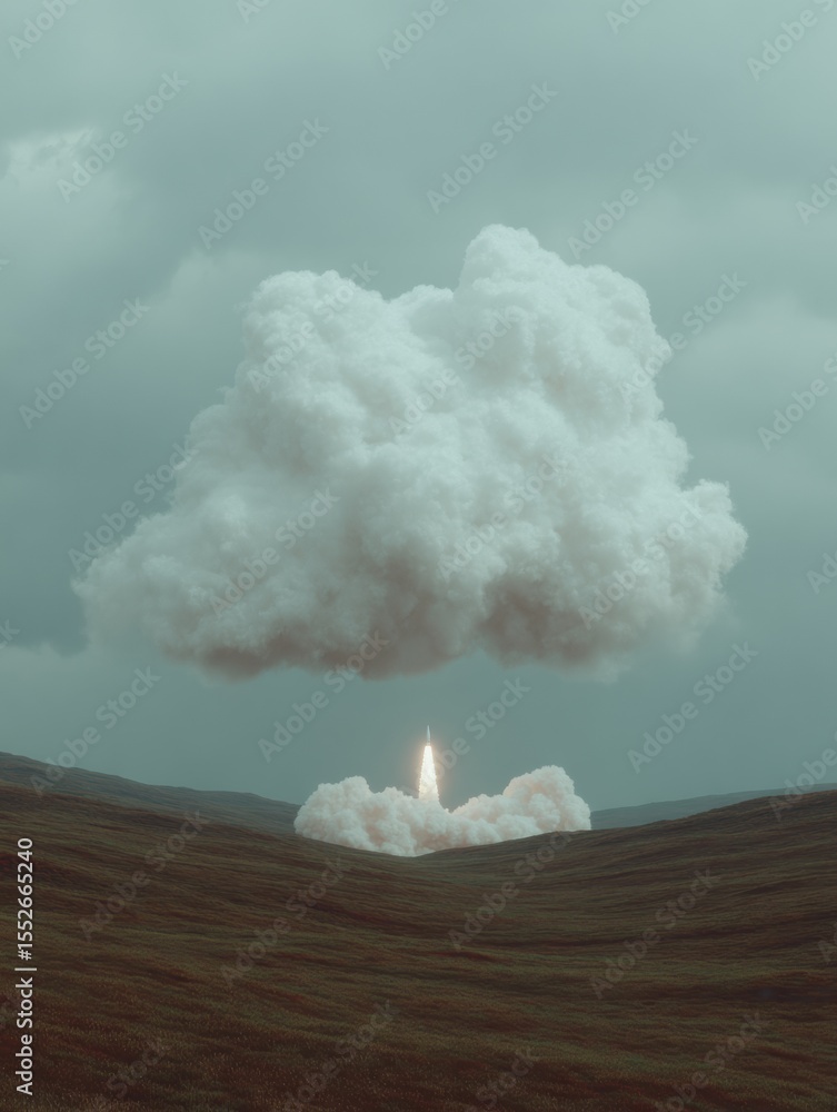 Aufkleber futuristic rocket launch with massive cloud plume over rolling landscape symbolizing innovation and 