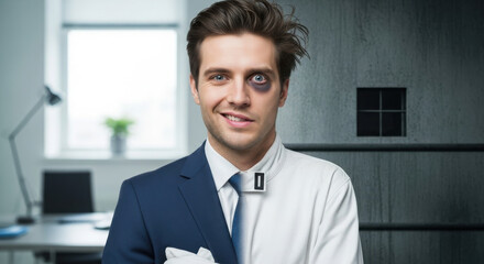 Split portrait of man in business suit and straitjacket showing mental breakdown under workplace pressure.
