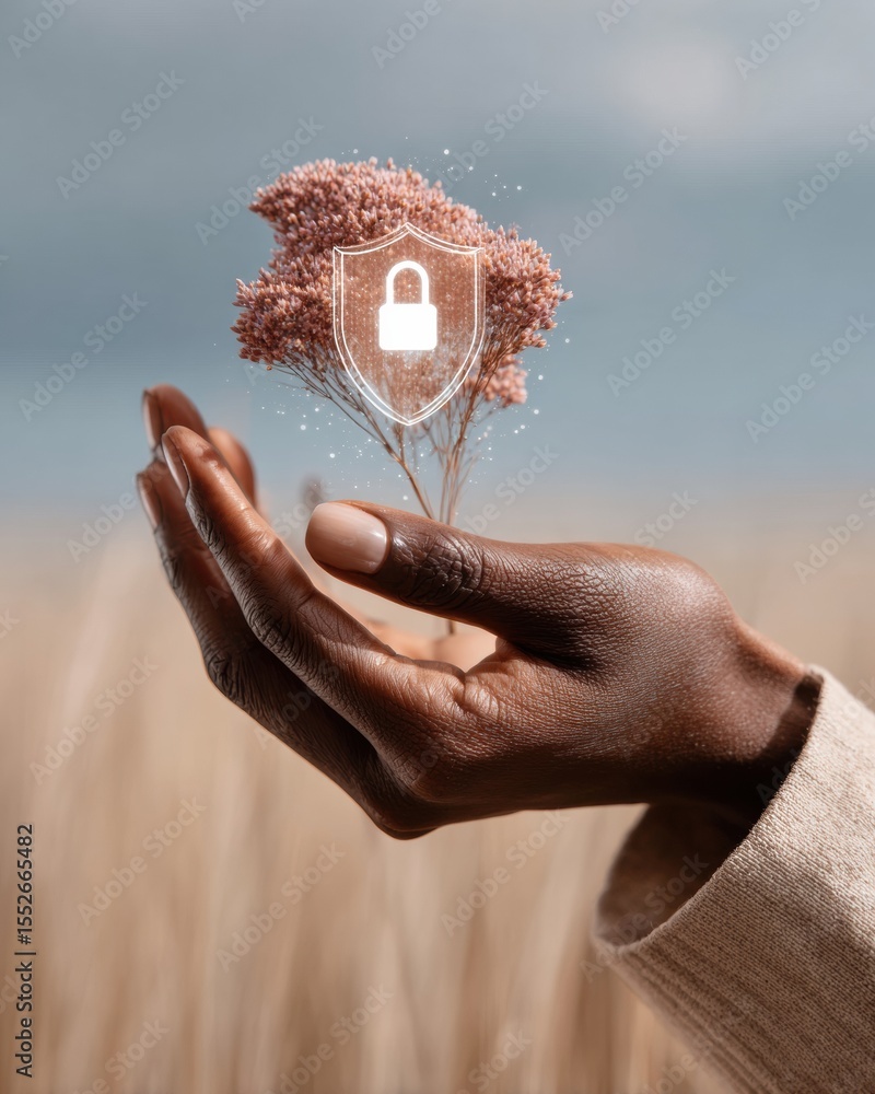 Aufkleber digital shield security concept with hand holding flower and padlock icon - modern cybersecurity and