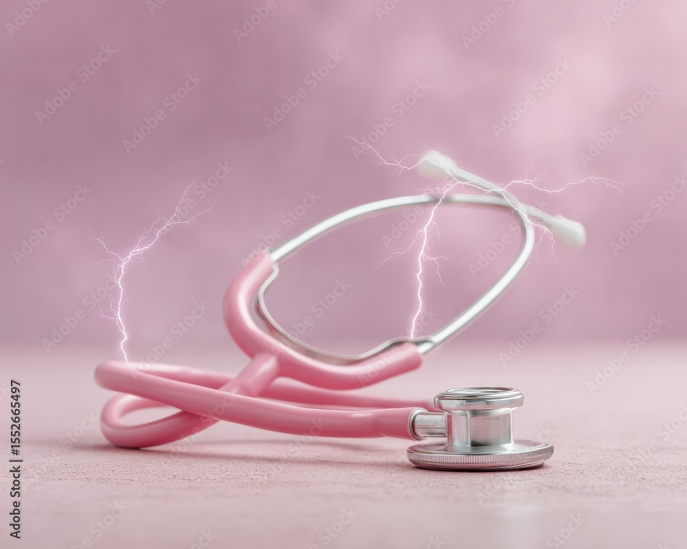 Poster pink stethoscope on soft surface with electric lightning effects symbolizing healthcare innovation a
