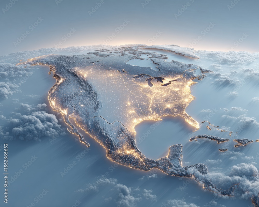Poster high-definition satellite view of north america at night with illuminated city networks and borders 