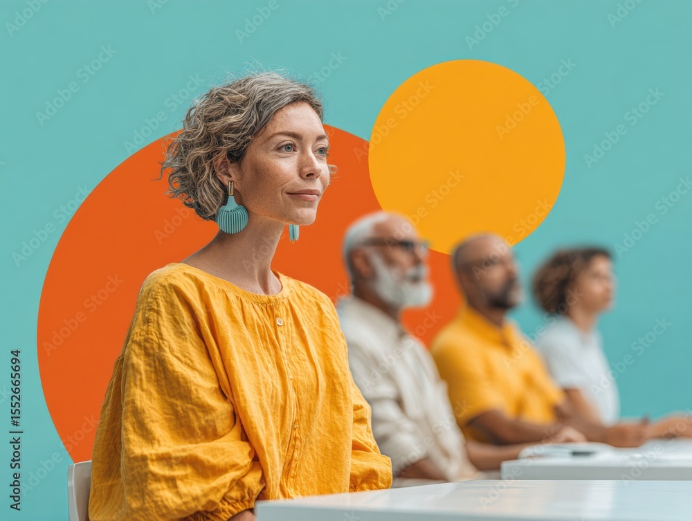 Poster diverse professionals in vibrant casual attire focused in modern creative workspace with colorful mi
