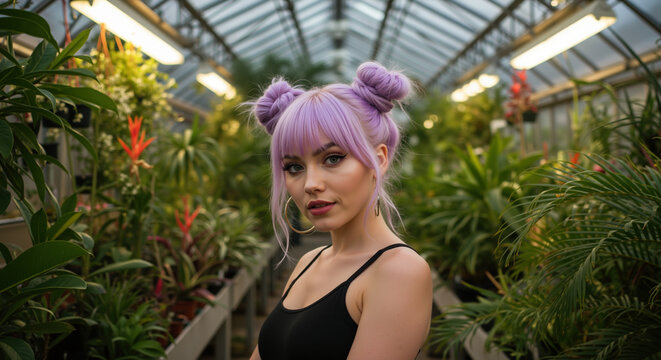 Woman with purple hair in space buns hairstyle at greenhouse with tropical plants. Creative hair coloring and updo styling for alternative fashion and salon services - Powered by Adobe