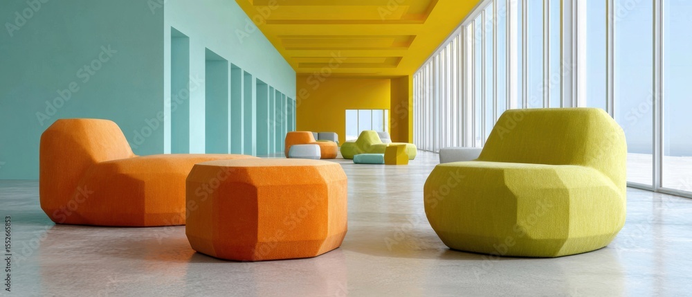 Poster Modern flexible workspace with vibrant modular lounge seating and spacious open-plan design fostering collaboration and creativity in business environments