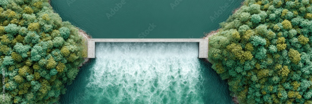 Poster aerial view of sustainable flood barrier dam with cascading water and dense greenery highlighting ec