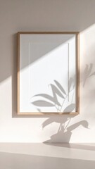 Empty Beige Frame with Plant Shadow on White Wall