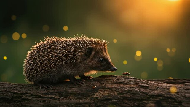 Captivating hedgehog encounter on log, basking in golden light and lush green backdrop, with