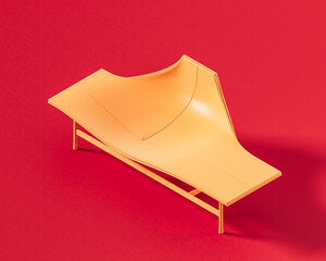 Futuristic sculptural lounge chair with asymmetric curves and elevated minimalist metal frame. Single color, flat orange furniture, 3d rendering