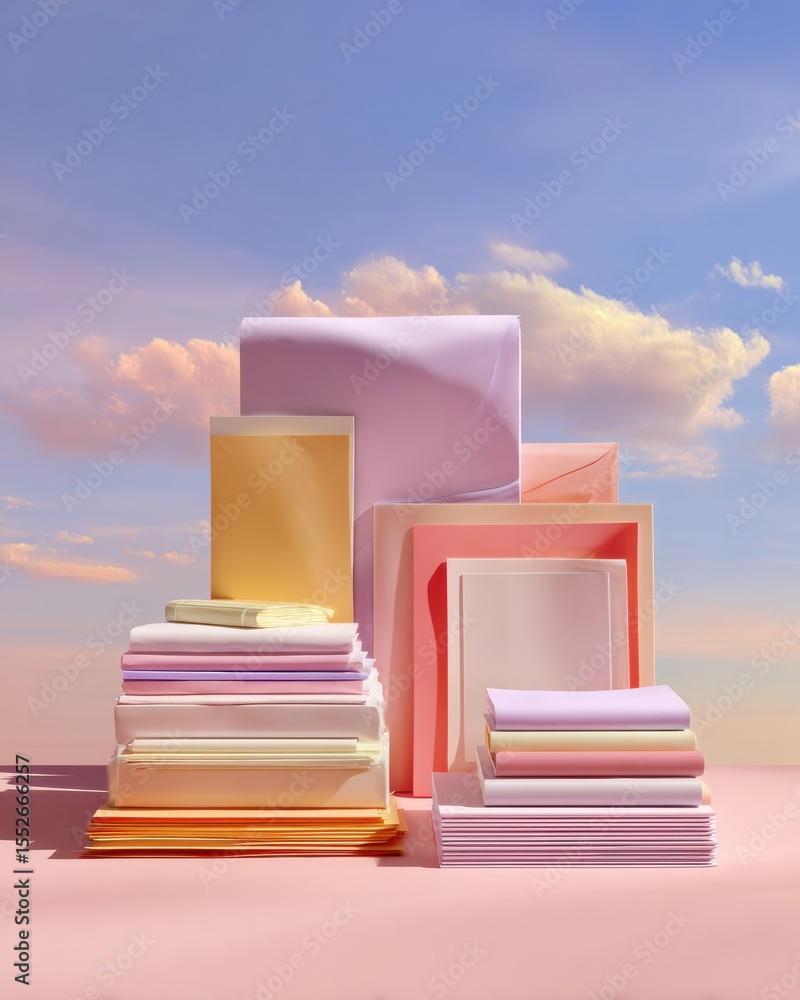 Poster modern pastel paper stacks with smooth textures under soft sunlight, showcasing minimalist gradients