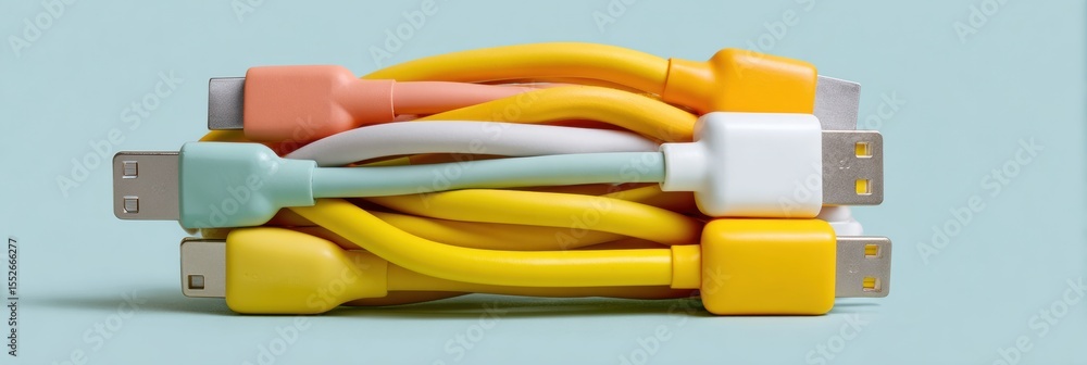 Poster Vibrant Tangle of USB Charging Cables in Pastel Colors on Minimalist Background Representing Connectivity Overload and Modern Tech Clutter Concept