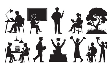 Set of Black Education and Learning Silhouettes Showing Students, Teachers, Studying, Graduation, and Academic Activities in Vector Style