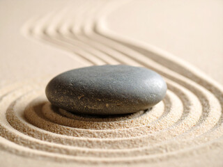Close-Up Minimalist Shot of a Single Polished River Stone Resting on a Bed of Fine Sand &ndash; Natural Balance and Zen Simplicity