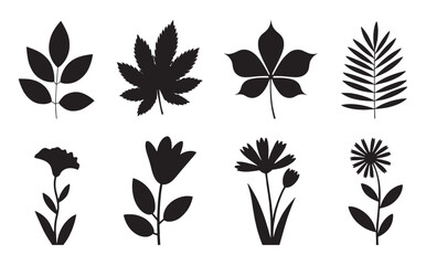 Obraz premium Collection of Black Botanical Silhouettes Featuring Various Leaf and Flower Shapes in Minimalist Vector Style for Nature and Design Themes