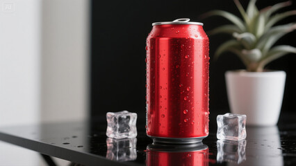 refreshing drink can mockup surrounded by ice indoors.