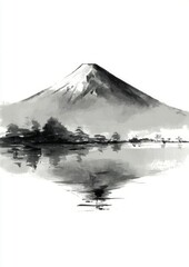 Ink wash painting capturing the serene beauty of Mount Fuji with water reflection