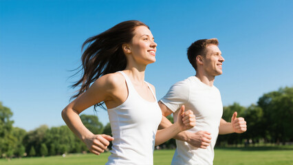 man and woman running in green park.