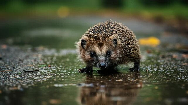 Charming hedgehog navigating a wet asphalt road, creating mesmerizing reflections under the