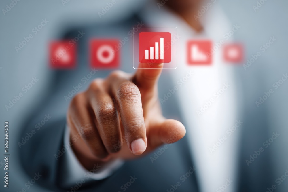 Poster businessman interacting with futuristic digital interface showing portfolio diversification and risk