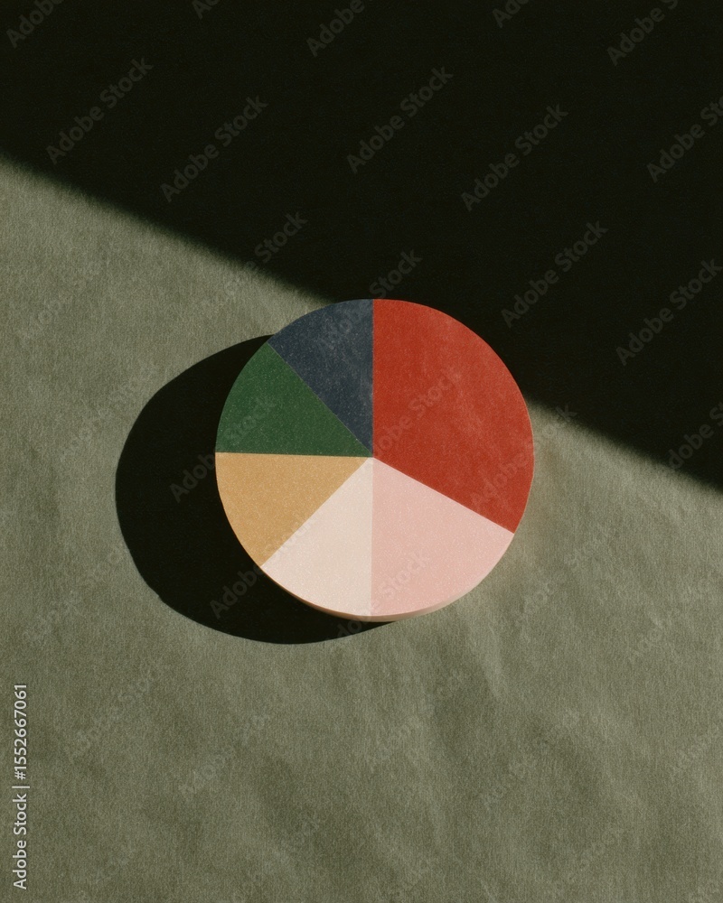 Poster minimalist diversification pie chart with asset classes on textured paper, highlighting strategic al