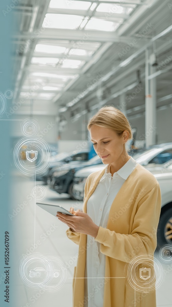 Poster female automotive service officer using tablet with digital warranty and insurance icons in modern w