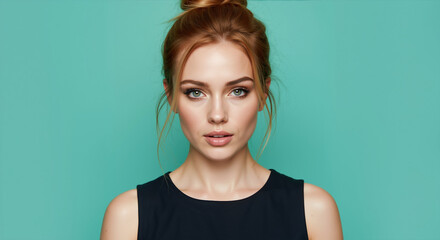 Woman with brown hair in messy bun updo against mint green background. Casual hairstyle with loose strands for everyday styling and salon services