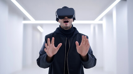 A person wearing a virtual reality headset and a hoodie extends their hands as if interacting with a virtual environment in a modern, minimalist space, symbolizing immersive technology and future expe