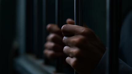Close-up of a person's hands gripping dark prison bars, evoking themes of incarceration, freedom, and justice.
